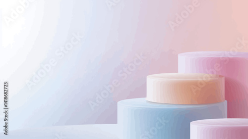 The image showcases a series of cylindrical platforms of varying heights and pastel colors arranged in a staggered formation against a soft, gradient background.