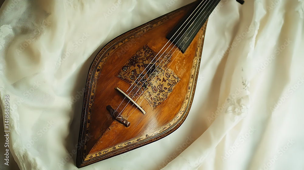 Obraz premium A small wooden instrument with a black string is sitting on a white cloth