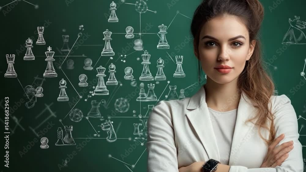 Strategic Mind: A determined woman with a confident gaze stands before a chalkboard filled with chess diagrams, embodying strategic thinking, intelligence, and the pursuit of winning strategies. Strategic Mind: A determined woman with a confident gaze stands before a chalkboard filled with chess diagrams, embodying strategic thinking, intelligence, and the pursuit of winning strategies.
