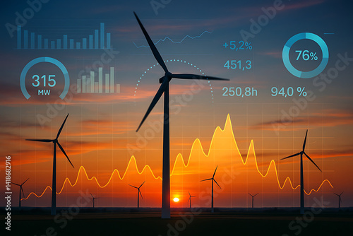 wind turbines at sunset generating renewable energy with futuristic data charts graphs and statistics overlay showing electricity output performance and sustainability analytics in rural landscape