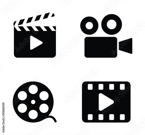 Movie filming production icon set. Video recording symbol. Photo shooting equipment. 
