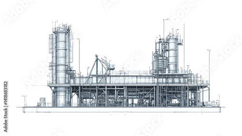 The image presents a detailed, technical line drawing or schematic of an industrial processing plant.  The illustration employs a monochromatic palette
