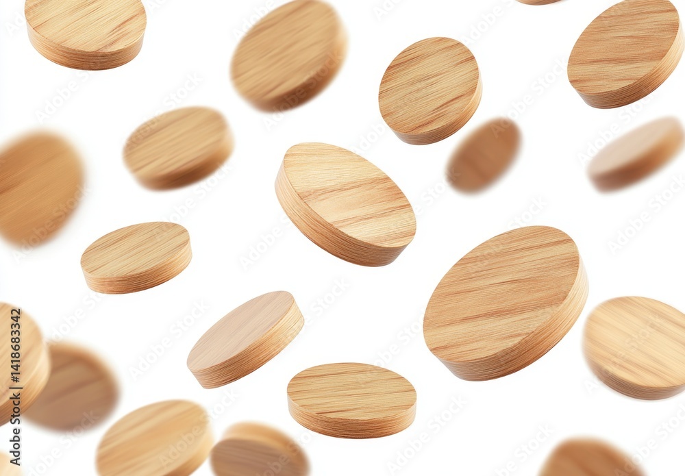 Floating Wooden Discs on White Background for Creative Design Projects Floating Wooden Discs on White Background for Creative Design Projects
