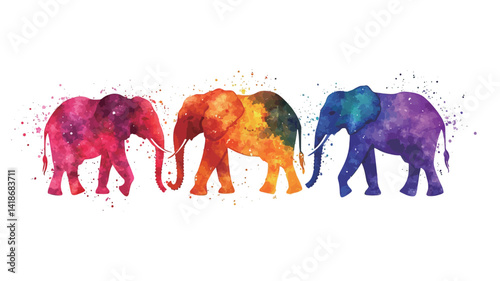 This digital artwork depicts three stylized elephants rendered in a watercolor style.  Each elephant is rendered in a unique blend of vibrant rainbow colors