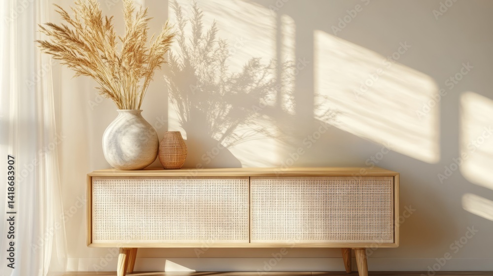 Fototapeta premium Serene arrangement of vases and pampas grass upon cabinet