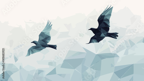 The image showcases two stylized bird silhouettes in flight, rendered in a low-poly, geometric style. The birds are depicted in dark bluish-grey against a textured