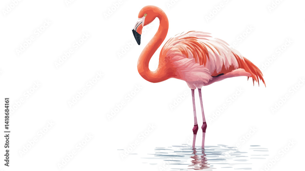 Fototapeta premium A full shot of a single flamingo standing in shallow, clear water against a stark white background. The bird is sharply focused, showcasing the intricate detail of its pink and white plumage