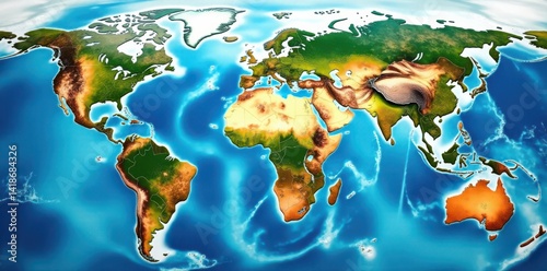 A beautifully colored map of the world featuring diverse landscapes and natural wonders, mountains, landscape, rivers