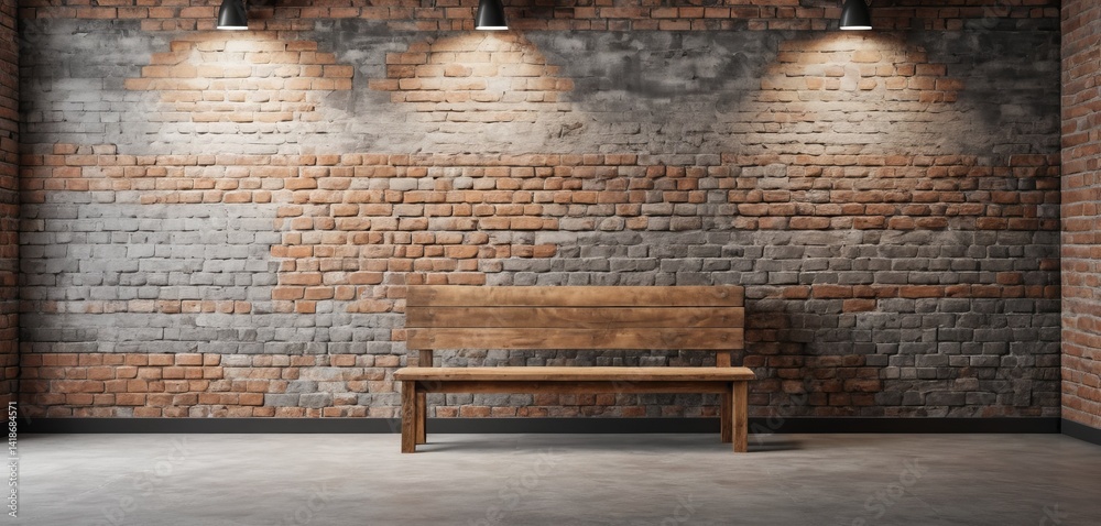 old empty room with brick wall and wooden bench for mockup display
