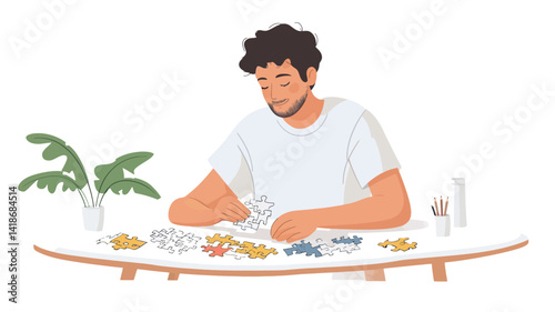 A digital illustration depicting a man with dark curly hair and a short beard, seated at an oval-shaped table. He is wearing a plain white t-shirt and is attentively sorting an assortment of small