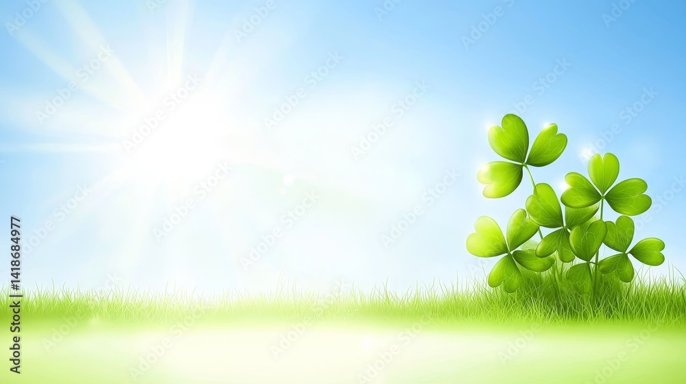 Bright Clover Plants in a Warm Meadow Under Blue Sky with Gentle Sunlight Bright Clover Plants in a Warm Meadow Under Blue Sky with Gentle Sunlight