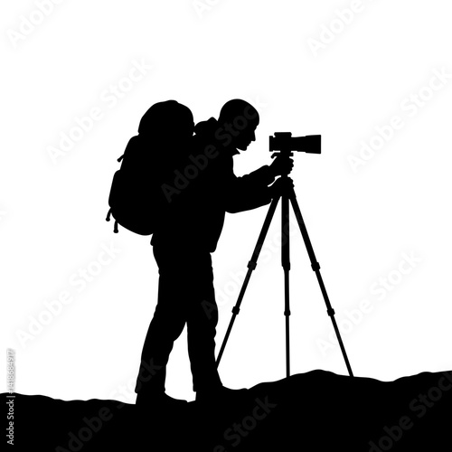 Silhouette of photographer setting camera on tripod in nature  