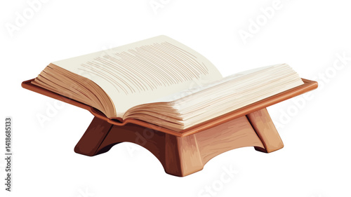 High-angle, close-up studio shot of an open book resting on a simple, A-frame wooden stand. The book's pages are a creamy off-white color, showing a slight texture and subtle hint of shadow between