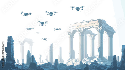 The image presents a digital rendering showcasing a flock of drones in flight above a field of dilapidated ancient ruins. The color palette is predominantly cool