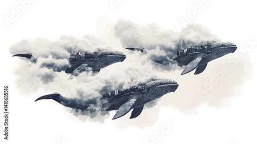 The artwork depicts three whales gracefully navigating a field of ethereal clouds.  The whales are rendered in shades of dark blue and grey, with soft