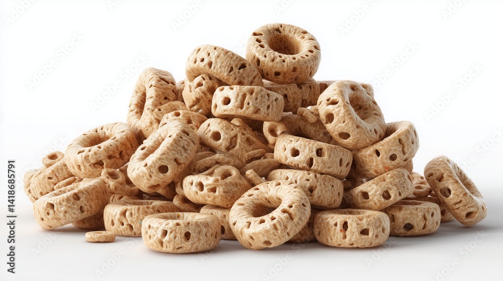 Crunchy organic cereal rings stacked on a white background with a focus on healthy eating and wholesome ingredients Crunchy organic cereal rings stacked on a white background with a focus on healthy eating and wholesome ingredients