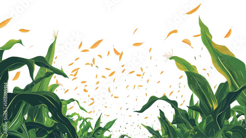 A digitally rendered, low-angle close-up shot depicts a vibrant cornfield.  The focus is on the lush green leaves of the corn plants, which frame the image, creating a converging perspective