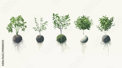 A digitally rendered image showcases five distinct stages of plant growth against a stark white background.  Each plant is meticulously depicted, revealing a progression from a small seedling with