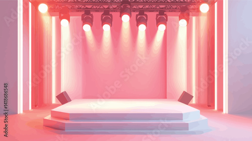 A digitally rendered image depicting a minimalist stage set against a plain background. The stage features a tiered platform, subtly textured, rendered in varying shades of white and off-white.