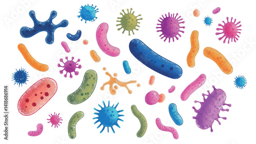 A vibrant digital illustration showcases a diverse collection of cartoon-styled microbes in various shapes, sizes, and colors.  The microbes exhibit a range of hues
