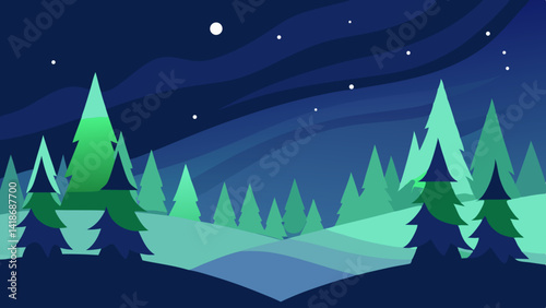Northern Lights Above Christmas Forest in Vector Illustration