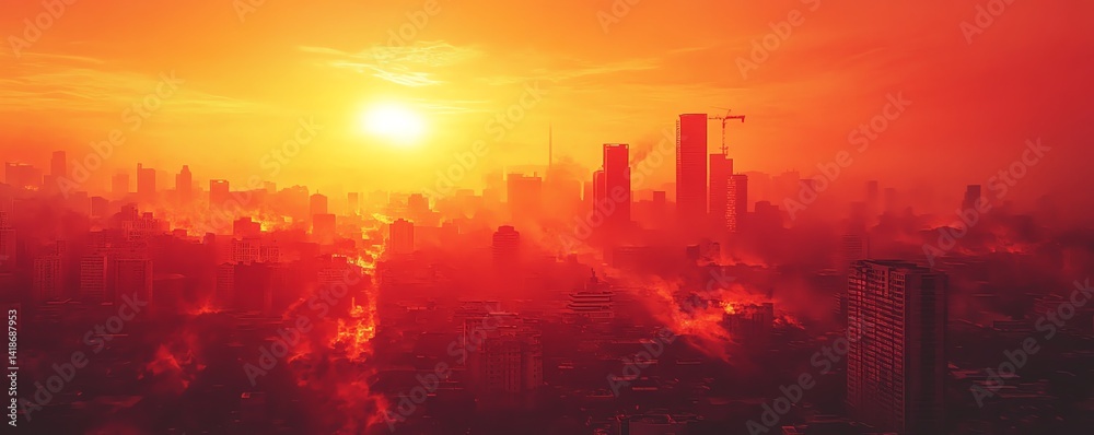 A digital screen displays a heatwave alert amidst a burning city, highlighting the urgency of climate change and urban challenges. A digital screen displays a heatwave alert amidst a burning city, highlighting the urgency of climate change and urban challenges.