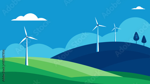 Hilly Breeze Landscape with Wind Turbines in Distance