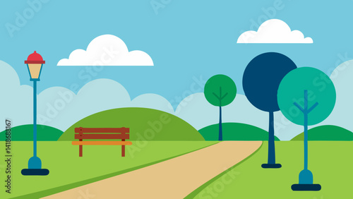 Serene Park with Walking Trail and Vintage Lamp Posts