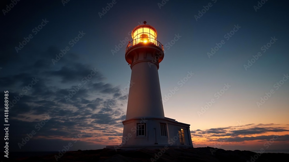 A tall white building illuminated against a twilight sky with soft clouds and warm sunset hues casting a serene atmosphere A tall white building illuminated against a twilight sky with soft clouds and warm sunset hues casting a serene atmosphere