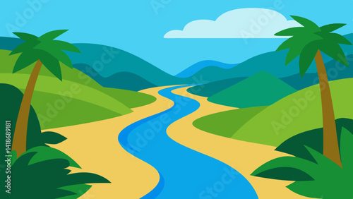 Verdant Tropical Forest River Illustration