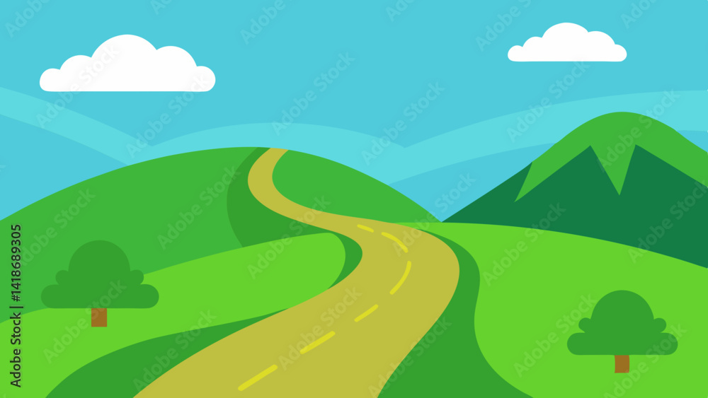 Fototapeta premium Illustrated Road Meandering Through Green Hills