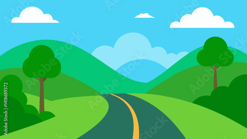 Road Winding Through Cartoon Green Hills