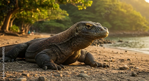 Komodo Dragon Walking on Beach at Sunset in Komodo National Park