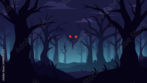 Haunted Forest Scene with Glowing Eyes in the Dark