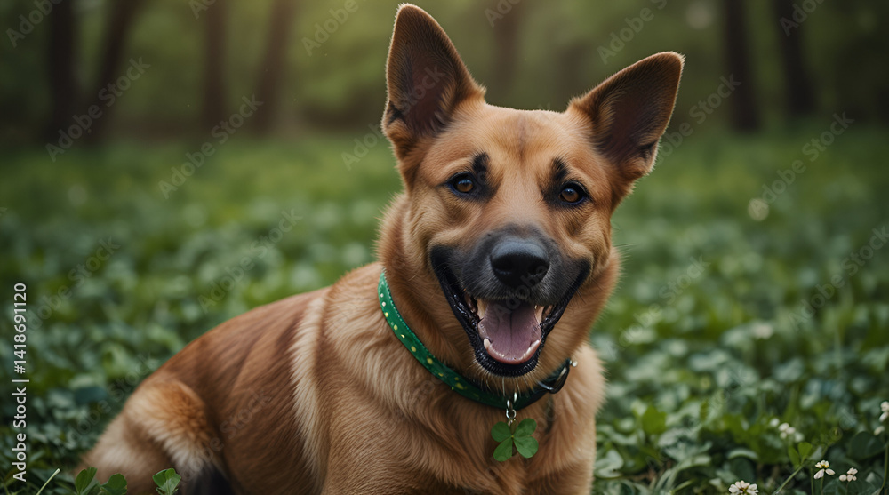 Fototapeta premium Joyful dog among clovers on St. Patrick's. Pet enjoying St. Patrick's Day outdoors. Happy dog with clover necklace in spring,generative.ai 