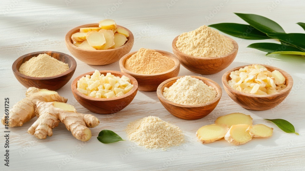 Fototapeta premium Various Forms of Ginger in Wooden Bowls on White Surface
