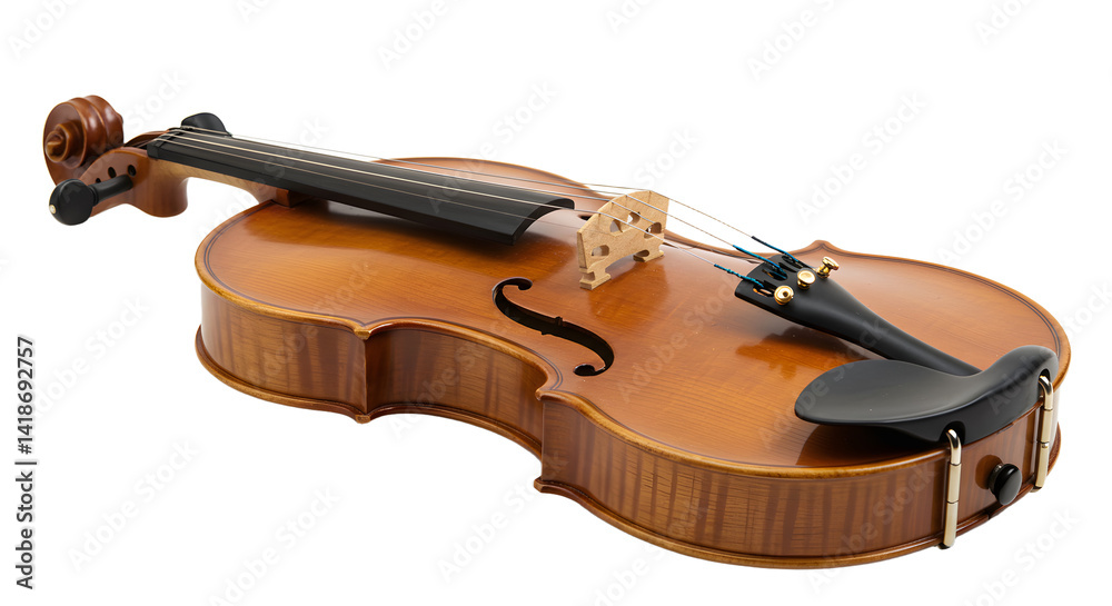 Fototapeta premium A beautifully crafted violin resting on a surface, showcasing its elegant curves and rich wood grain, perfect for music lovers