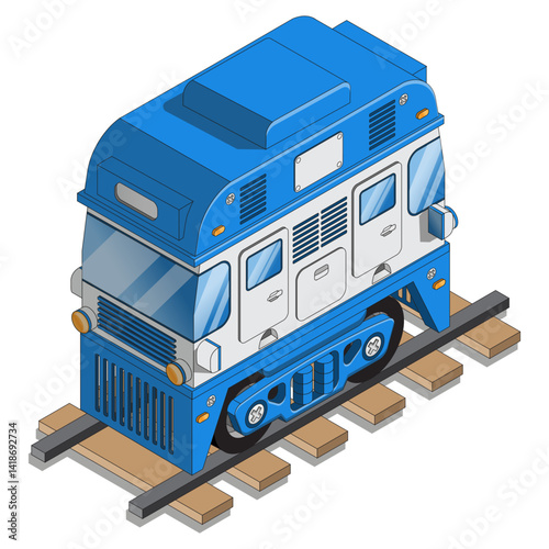 Funny locomotive. Isometric. Isolated on white background. Side view. Vector illustration.
