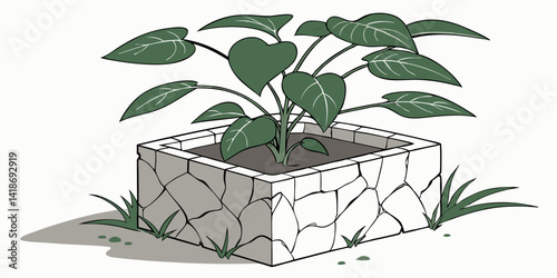Plant in concrete planter isolated on white background vector illustration.
