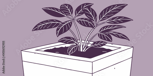 Plant in concrete planter isolated on dark purple background vector illustration.
