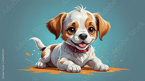 Playful Puppy Lying Down with Red Collar on Blue Background