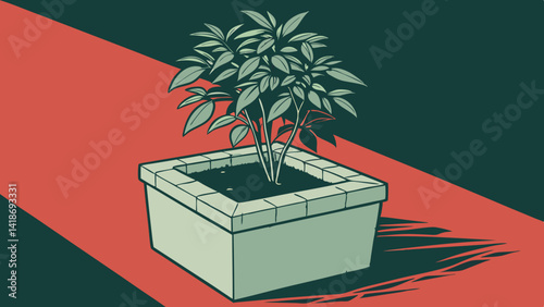 Plant in concrete planter isolated on dark green-red background vector illustration.

