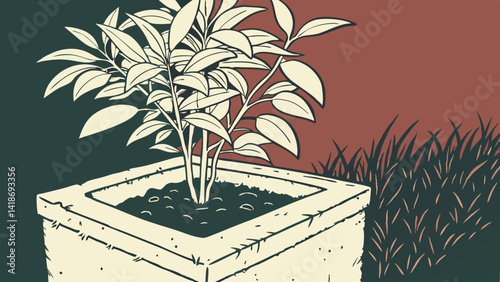 Plant in concrete planter isolated on dark green-red background vector illustration.

