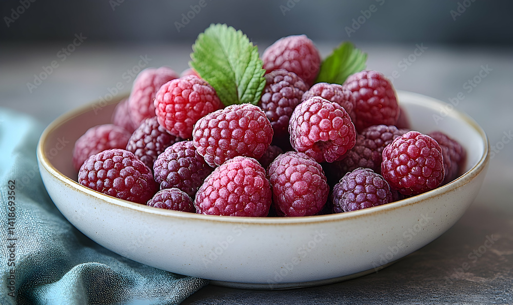 A vibrant bowl of fresh raspberries with mint leaves on a textured surface, ideal for culinary use A vibrant bowl of fresh raspberries with mint leaves on a textured surface, ideal for culinary use