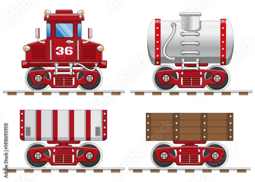 Railway locomotive and wagons. Side view. Isolated on a white background. Vector illustration.