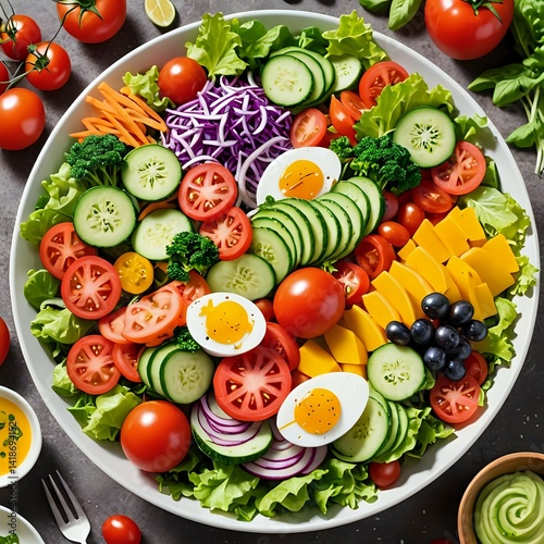 Preparing Fresh Salad with Tomatoes Eggs and Vegetables for Healthy Meal