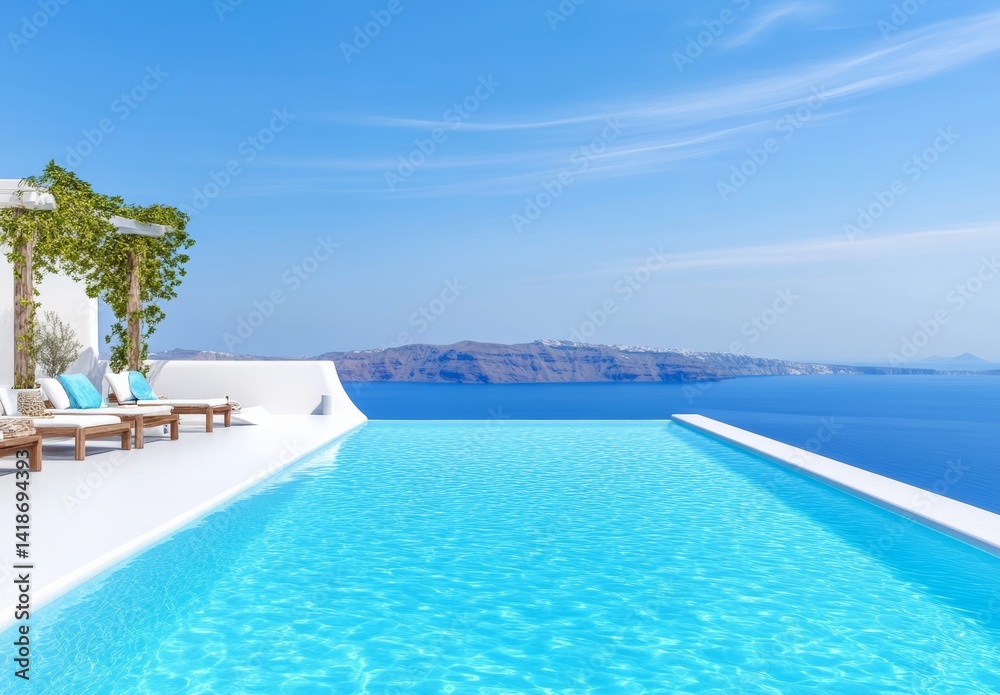 Fototapeta premium Luxury Aegean Villa Infinity Pool Sunny Day, Blue Waters, White Architecture
