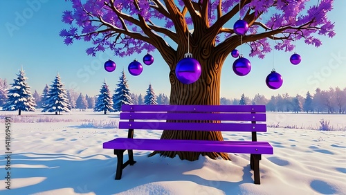 Purple Christmas Bench Under Tree with Ornaments in Snowy Landscape