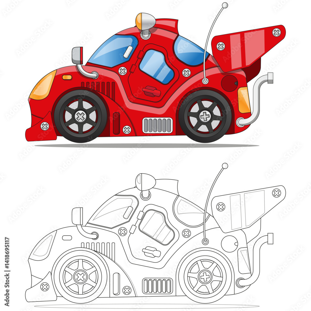 Naklejka premium Racing car. Coloring. Side view. Isolated on white background. Vector illustration.