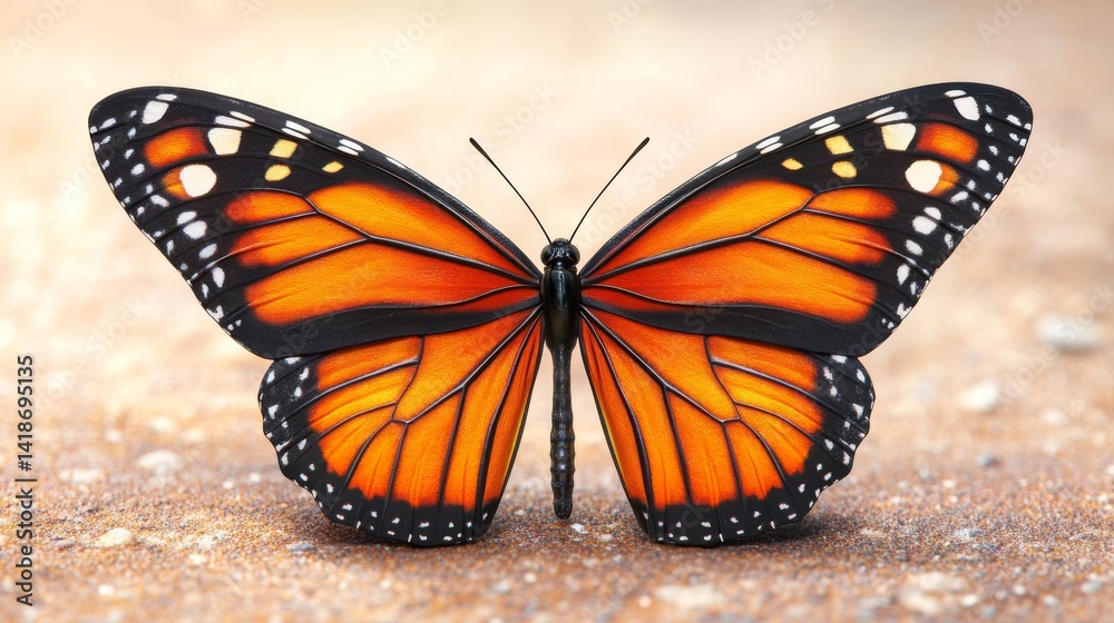 Fototapeta premium Monarch butterfly on sandy surface, a closeup look at nature's beauty